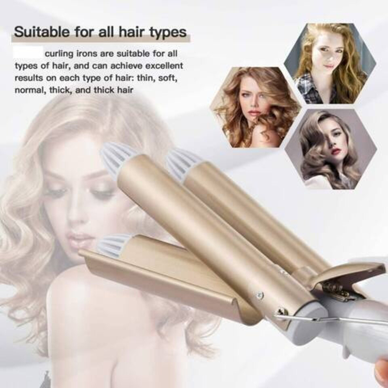 Arabest Electric Ceramic 3 Barrel Big Wave Professional Hair Curling Iron Styling Tool with Temperature Indicator & Dual Voltage, Gold