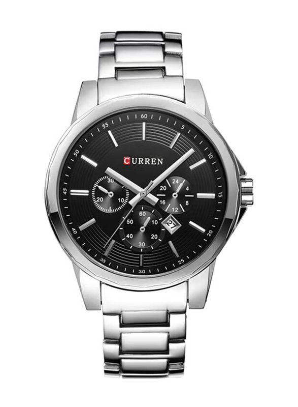 Curren Analog Watch for Men with Stainless Steel Band & Chronograph, Water Resistance, 8129, Silver-Black