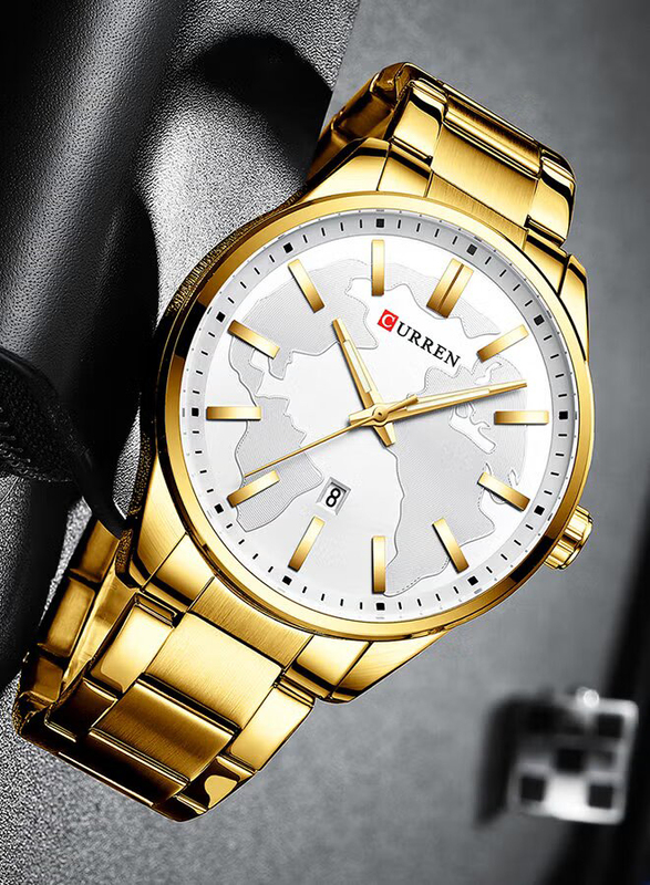 Curren Analog Watch for Men with Stainless Steel Band, Water Resistance, 8366-3, Gold-White