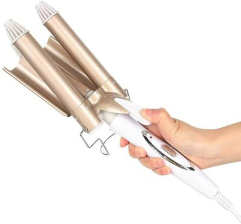 3 Barrel Curler Waver Triple Barrels Hair Crimper, White/Gold