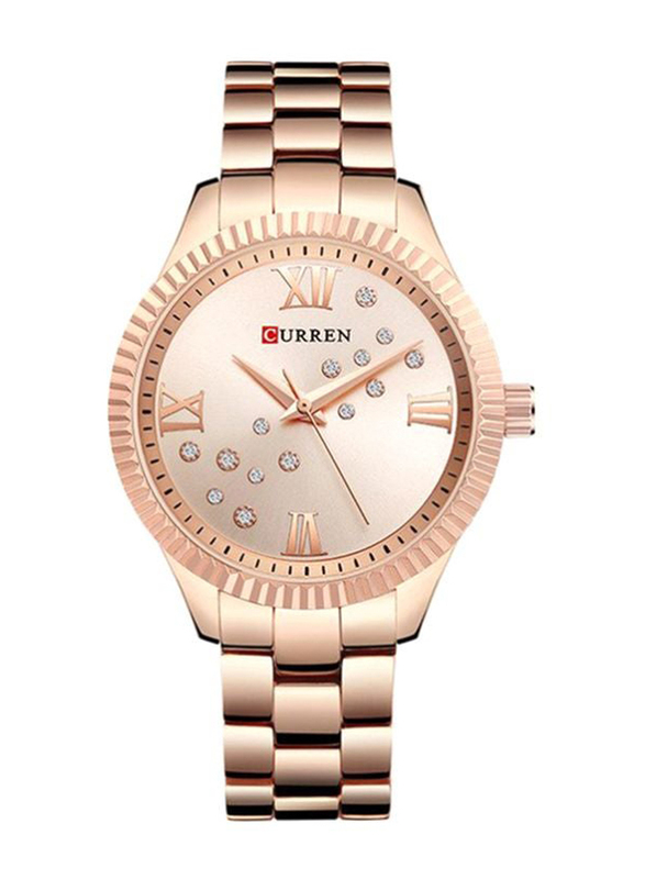 Curren Analog Watch for Women with Stainless Steel Band, Water Resistant, WT-CU-9009-RGO#D1, Rose Gold-Rose Gold