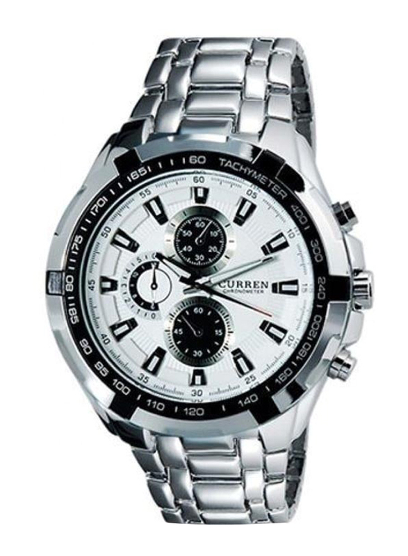 Curren Analog Watch for Men with Stainless Steel Band, Water Resistant and Chronograph, 80023, Silver-White