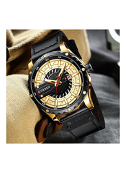 Curren Analog Watch for Men with Leather Band & Date Display, Water Resistant, J-4746B-G, Black-Gold/Black