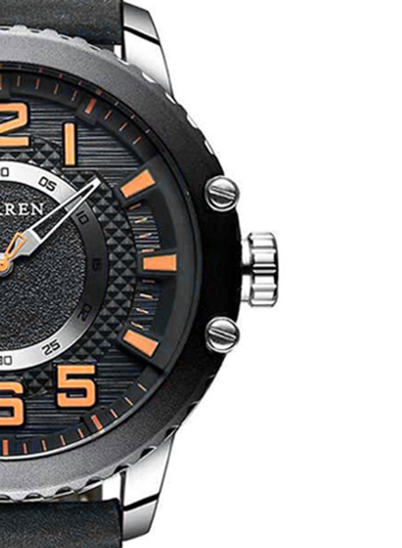 Curren Analog Watch for Men with Leather Band, Water Resistant, 8341, Black-Black/Orange