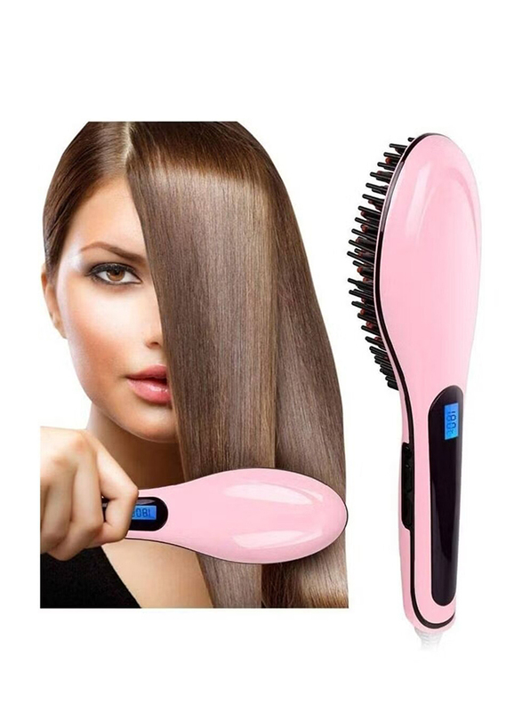 Fast Hair Straightener Electric Comb Brush with LCD Display, Pink