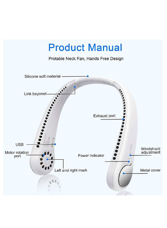 Rabos Portable Bladeless 360° Cooling USB Rechargeable Headphone Design Neck Fan Hands Free with 3 Wind Speed for Outdoor Indoor, White