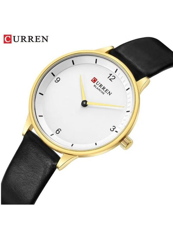 Curren Analog Quartz Watch for Women with Leather Band, Water Resistant, 9039, Black-White