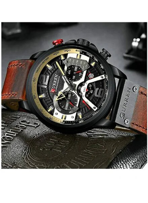 Curren Analog Watch for Men with Leather Band, Water Resistant and Chronograph, Brown/Black