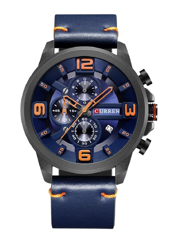 Curren Analog Watch for Men with Leather Band, Water Resistant and Chronograph, 8288, Blue