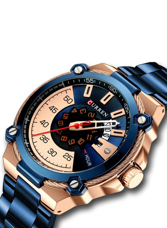 Curren Analog Watch for Men with Stainless Steel Band, Water Resistant and Chronograph, J4174RBL-KM, Blue-Rose Gold/Blue
