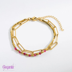 Elegantix Double Chain Bracelet for Women with Natural Stone, Pink