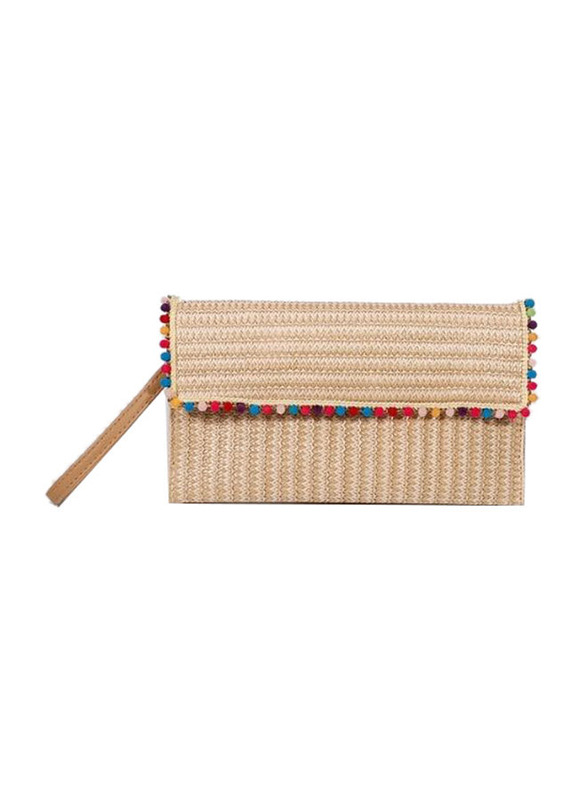 Elegantix Multi-Colour Beads Straw Square Clutch Handbag for Women, Beige