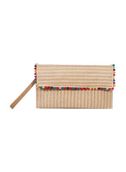 Elegantix Multi-Colour Beads Straw Square Clutch Handbag for Women, Beige