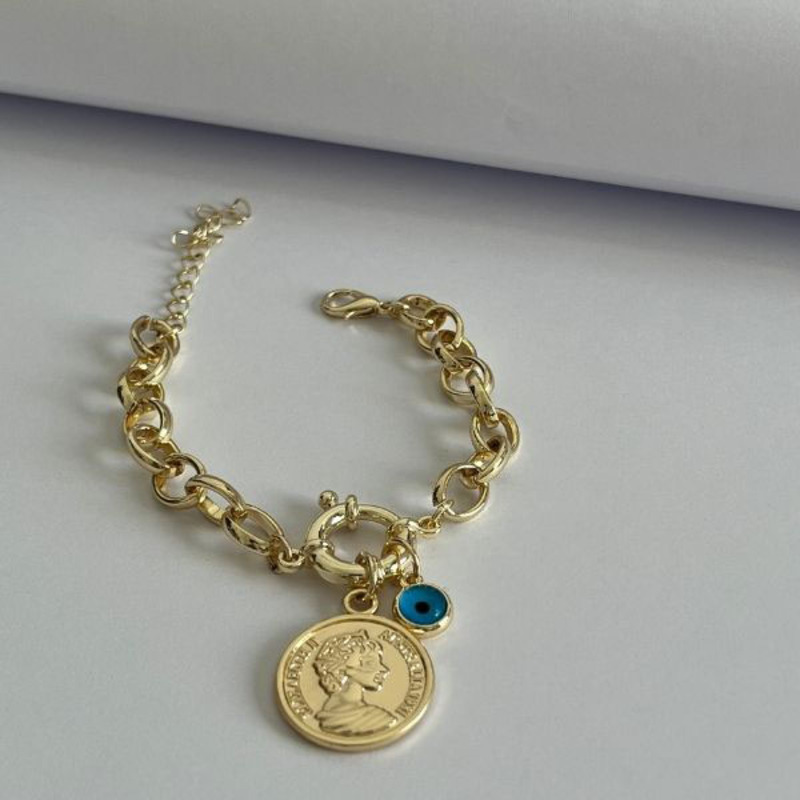 Elegantix Coin and Eye Charm Chain Bracelet for Women with Zircon, Gold