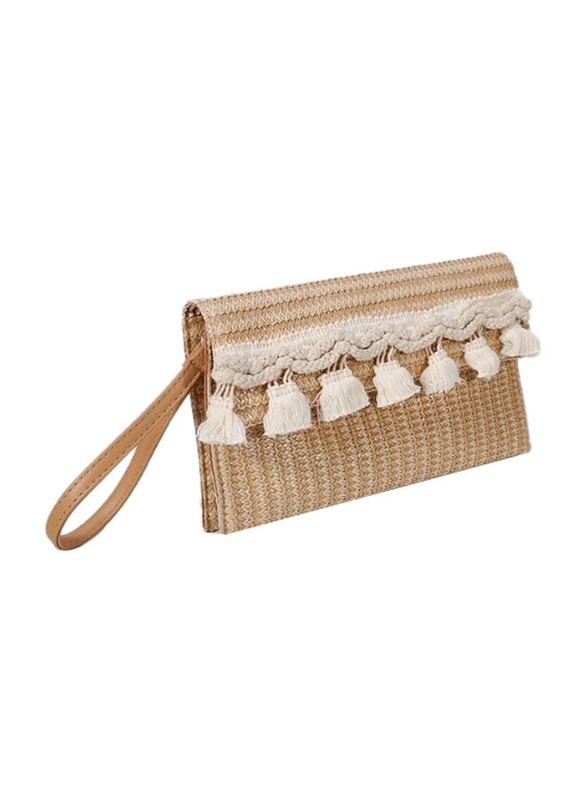 Elegantix Sequin Tassel Straw Square Clutch Handbag for Women, Brown