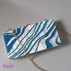 Elegantix PVC Ocean Stripes Evening Clutch Bag for Women, White/Blue