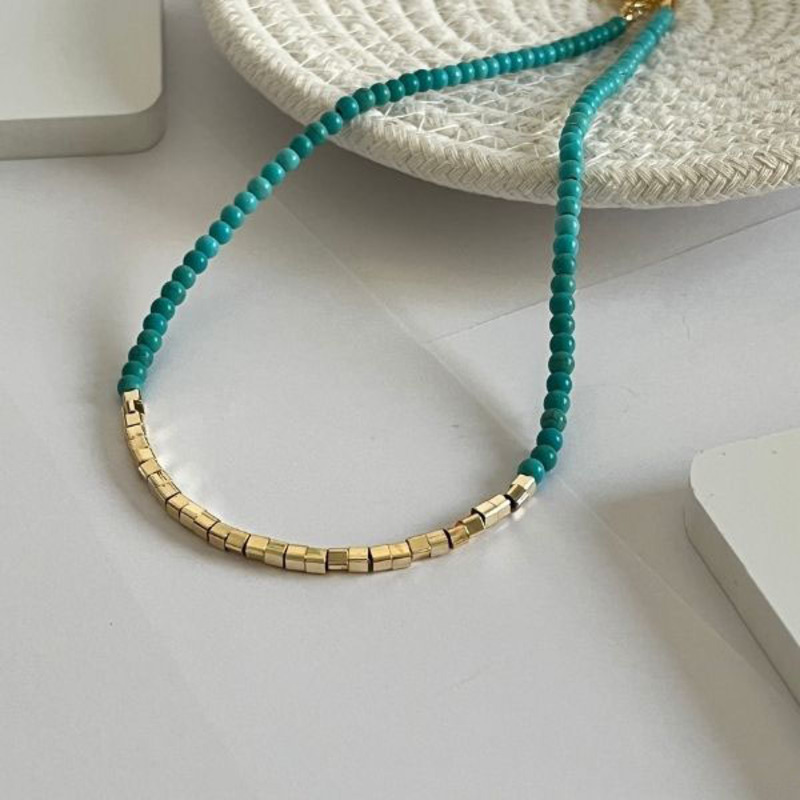Elegantix Gold Plated Necklace for Women with Square Beads, Turquoise