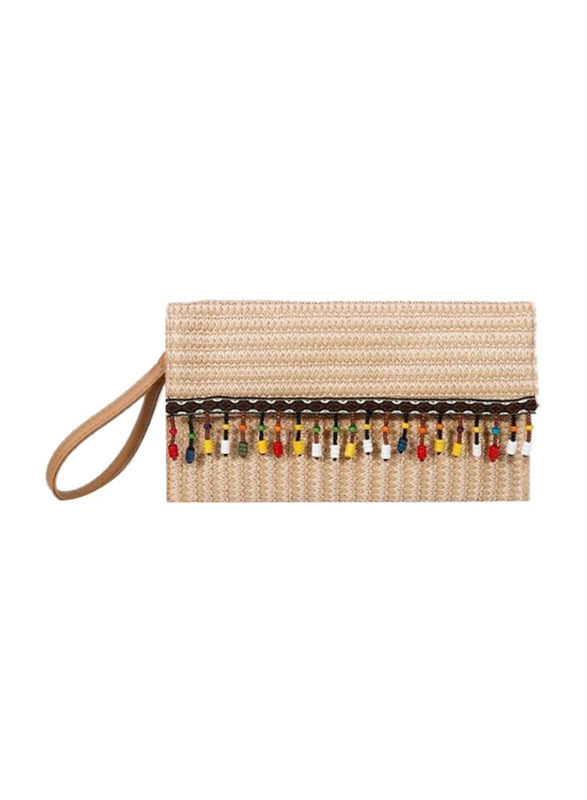 Elegantix Small Broom Straw Square Clutch Handbag for Women, Beige