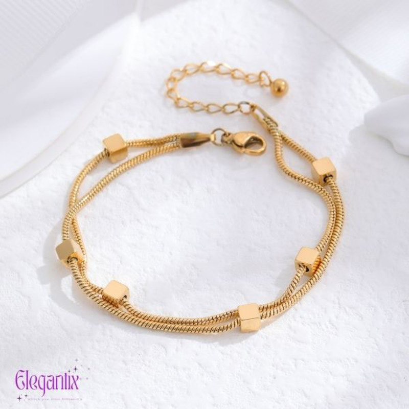 Elegantix Double Bracelet for Women with Square Beads, Gold