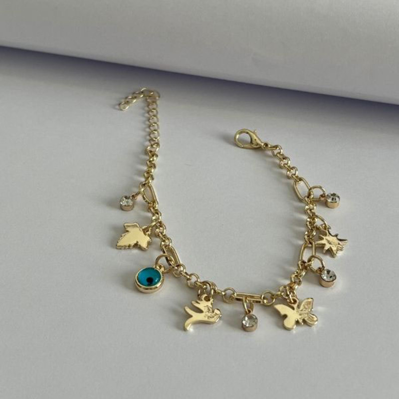 Elegantix Bird Butterfly and Eye Charm Chain Bracelet for Women with Zircon, Gold
