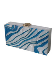 Elegantix PVC Ocean Stripes Evening Clutch Bag for Women, White/Blue