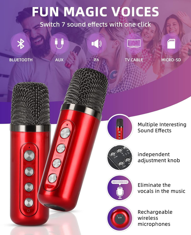 Portable Bluetooth Karaoke Speaker with 2 Wireless Microphones, Red