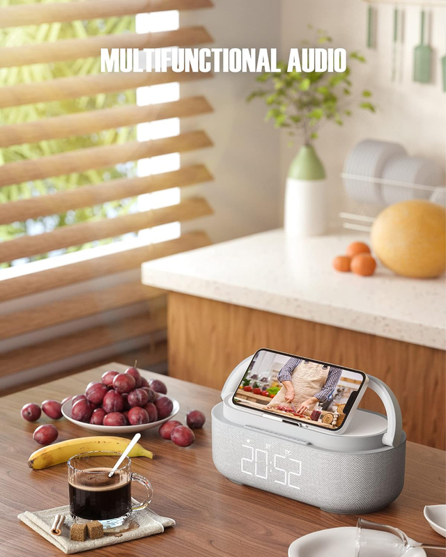 Colsur Digital Alarm Clock & Wireless Charger Portable Bluetooth Speaker, Grey