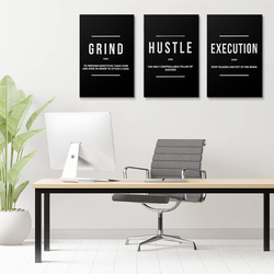 Gubiyu Hustle Grind Execution Motivational Inspirational Positive Quotes Framed Canvas Wall Art Poster, 3 Pieces, 12 x 16 inch, Black/White