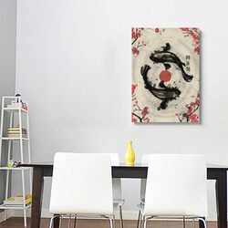 Gengsheng Japanese Retro Ink Sakura Yin Yang Koi Fish Canvas Wall Art, 16 x 24 inch, Multicolour