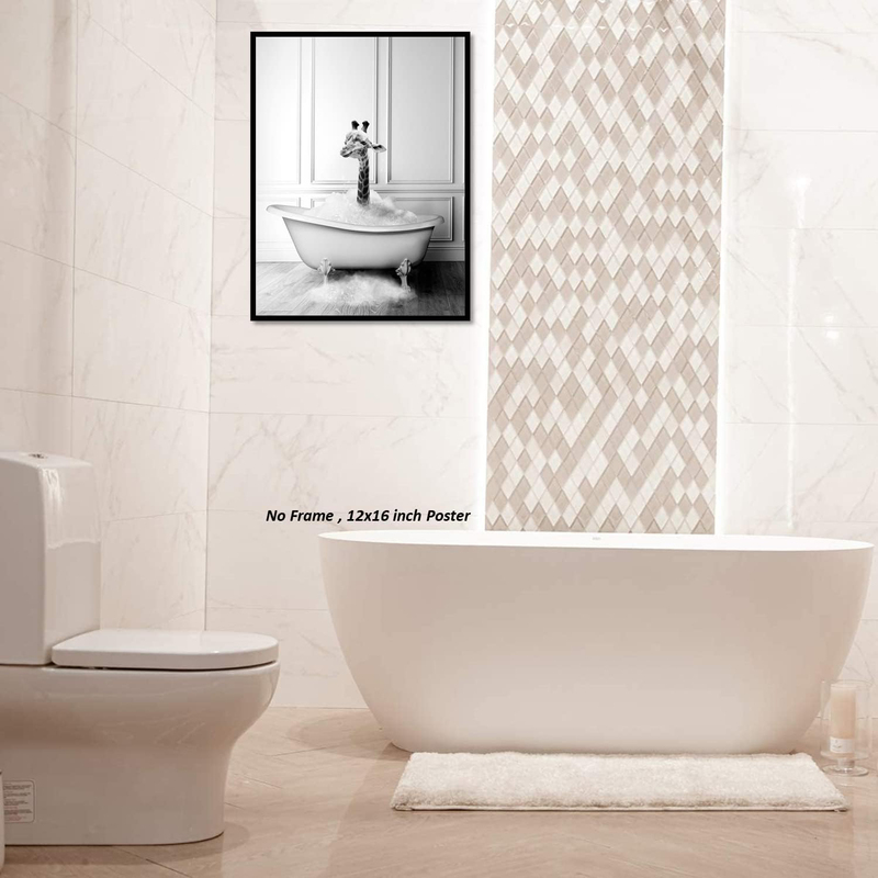 Liya Design Prints Cute Baby Giraffe Animals Bathtub Poster, Black/White