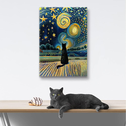 Lianxiaw The Starry Night Cat Canvas Wall Art Famous Oil Paintings Black Cat Poster, Multicolour