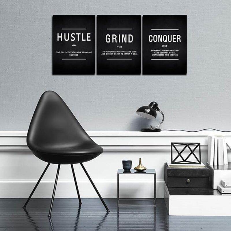 Cbaipy 3-Piece Hustle Grind Conquer Inspirational Quotes Canvas Wall Artworks, Multicolour