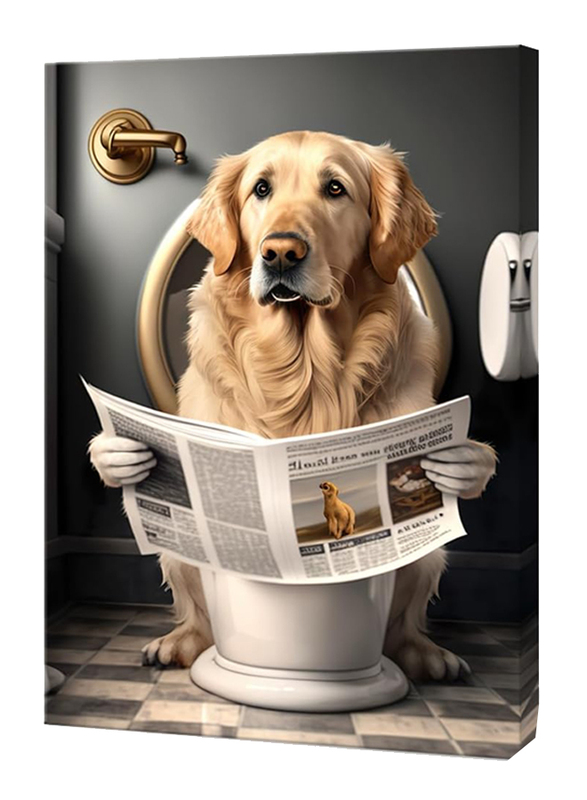 Yodooltly Funny Golden Retriever Canvas Reading Newspapers on Toilet Poster Prints Maximalist Mid Century Modern Aesthetic Wall Decor, 16 x 24-inch, Multicolour