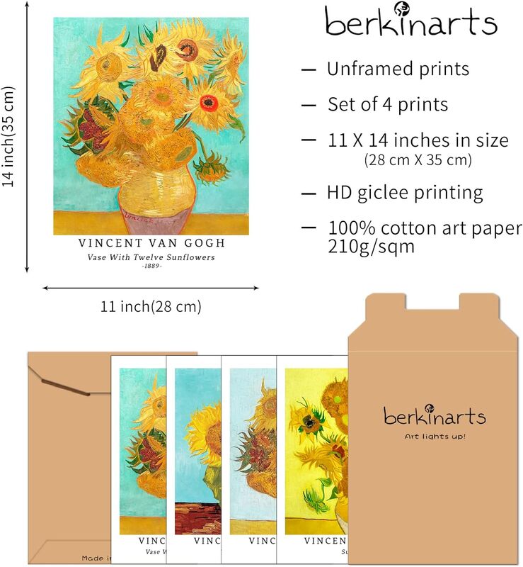 Berkin Arts Giclee Botanical Floral Illustrations Blossom Sunflower Wall Art Poster, 4 Pieces, 11 x 14 inch, Multicolour