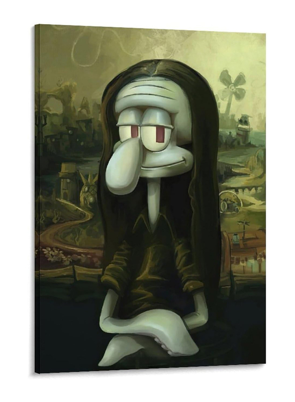 DDIIRO 8 x 12-Inch Framed Canvas Squidward Famous Funny Mona Lisa Painting Poster Wall Art, Multicolour