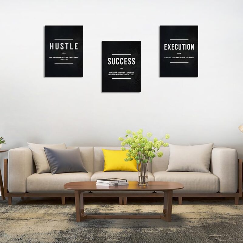 Unbruvo Inspirational Canvas Painting Success Hustle Execution Motivational Wall Art Poster, 3 Pieces, 36 x 16 inch, Black/White