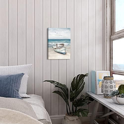 SUMGAR Ocean Wall Art Blue White Sea Canvas Paintings Sandy Beach Pictures Boat Coastal, Multicolour
