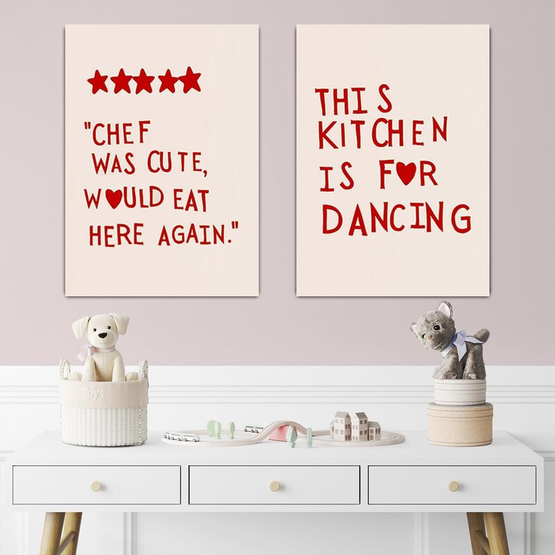 Fchen Art Chef Was Cute Print Wall Art Trendy Cooking Art Minimalist Heart Stars Aesthetic Poster, Red/White