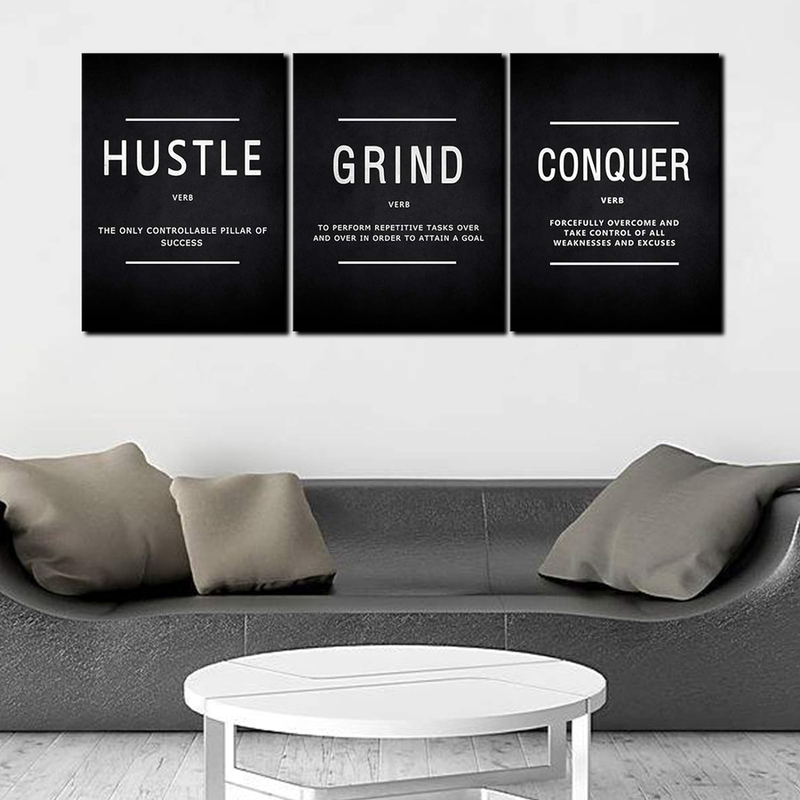 Cbaipy Inspirational Motivational Quote Hustle Grind Conquer Wall Art Canvas Poster Set, 3 Pieces, 12 x 16-inch, Black