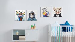 Seven Wall Arts 4 Pieces Abstract Funny Animal Happy Frog Cat Smart Pig Chimp Poster, 4 Pieces, 12 x 12 inch, Multicolour