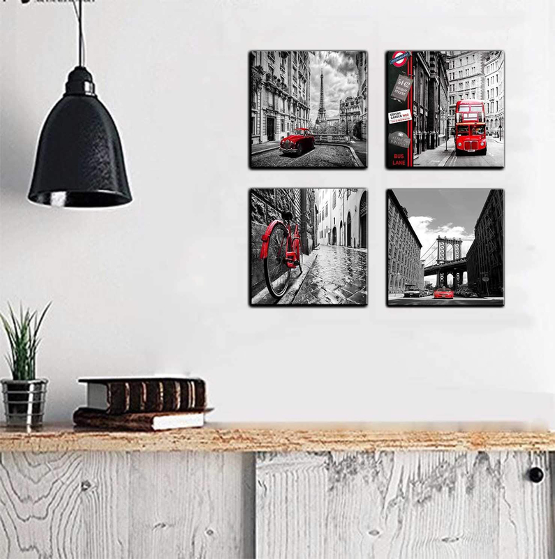 OzlviiCityscape Canvas Wall Art Paris Prints Paintings Brooklyn Bridge Eiffel Tower London Red Bus Pictures Poster, 4 Pieces, Multicolour