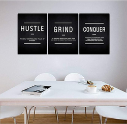 Cbaipy Hustle Grind Conquer Inspirational Quotes Canvas Painting Wall Artwork, 3 Pieces, Multicolour