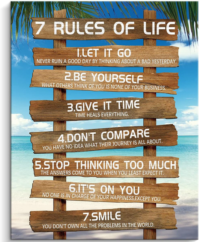 Kas Home Inspirational 7 Rules of Life Motivational Canvas Wall Art, Multicolour
