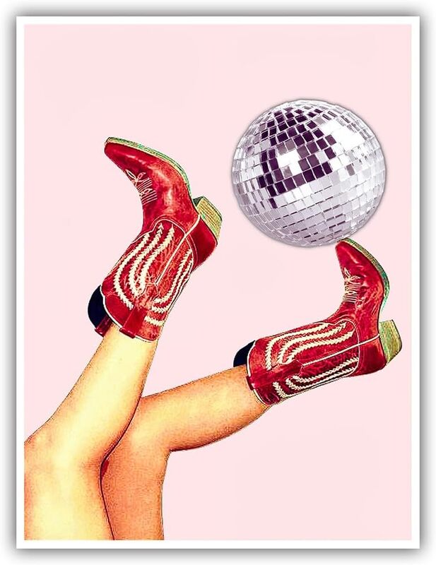 

General Thcbme Retro Disco Ball Cowgirl Boots Print Canvas Fun Trendy Wall Art Poster, 16 x 24 inch, Multicolour