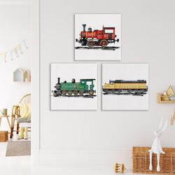 Yuzi-n Steam Train Nursery Vehicle Canvas Wall Art Poster, 3 Pieces, 12 x 12 inch, Multicolour