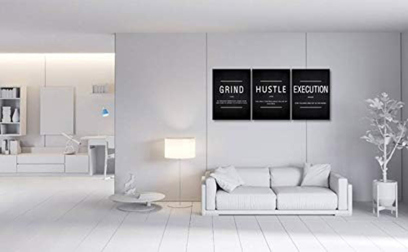 Cbaipy Motivational Inspirational Quotes Grind Hustle & Execution Canvas Posters, 3 Pieces, Black