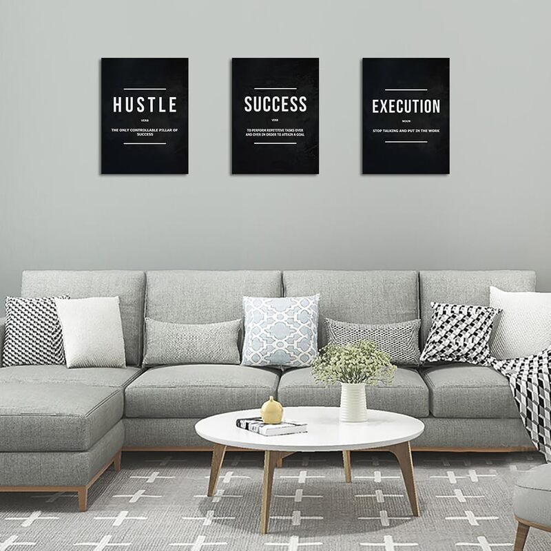 Unbruvo Inspirational Canvas Painting Success Hustle Execution Motivational Wall Art Poster, 3 Pieces, 36 x 16 inch, Black/White