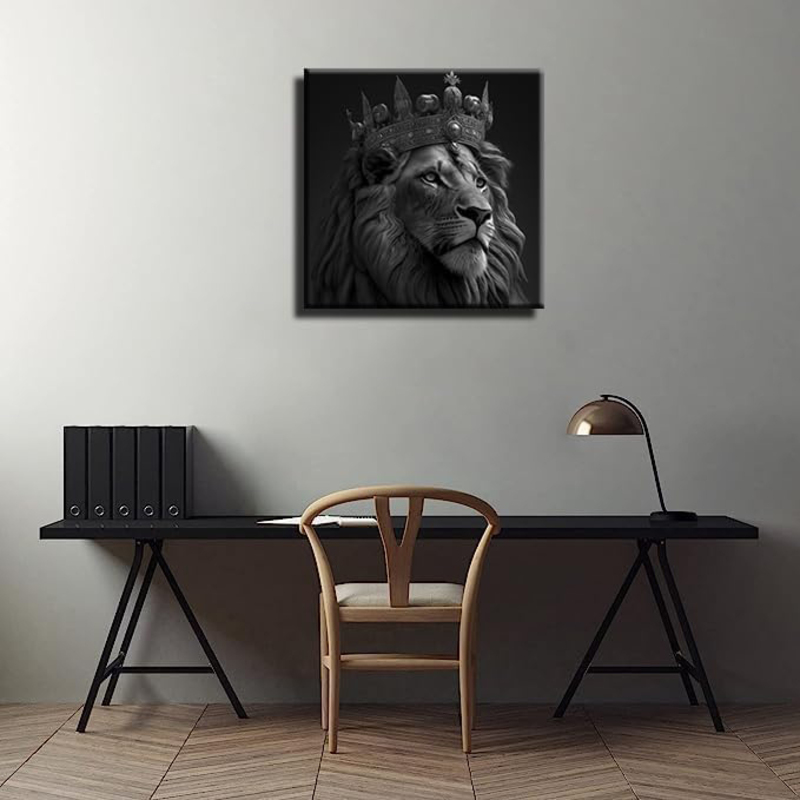 Stillshin Abstract King Lion with Crown Wall Decoration Canvas Poster, Black/White