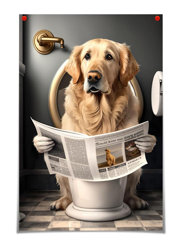 

General Yodooltly Funny Golden Retriever Golden Retriever Reading Newspapers on Toilet Poster Bathroom Canvas Wall Art, Multicolour