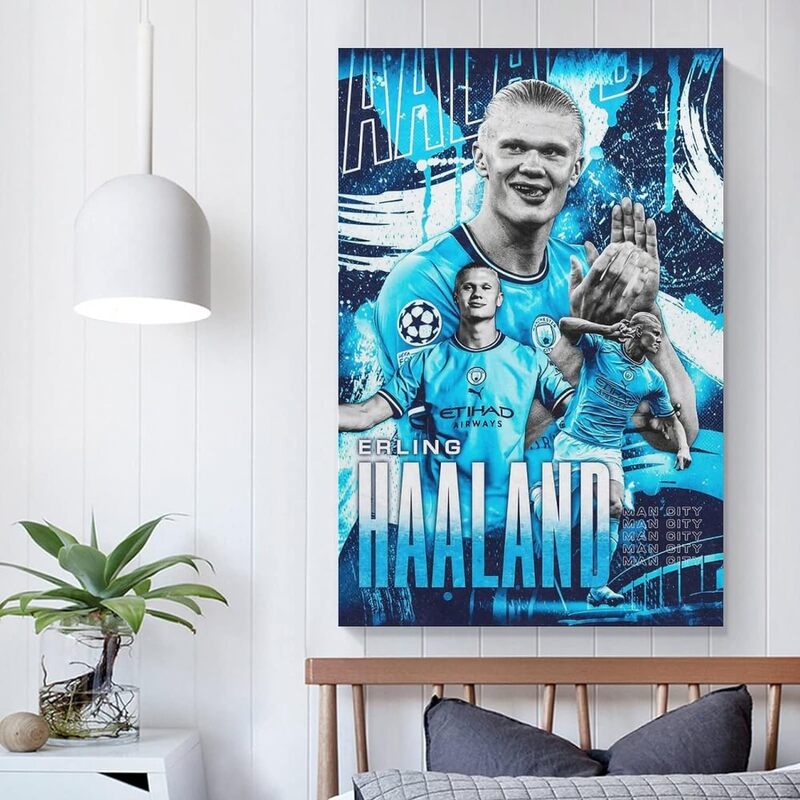 Soccer Stars Erling Haaland Canvas Poster Wall Art Decor Print Picture Paintings, 12 x 18 inch, White/Blue